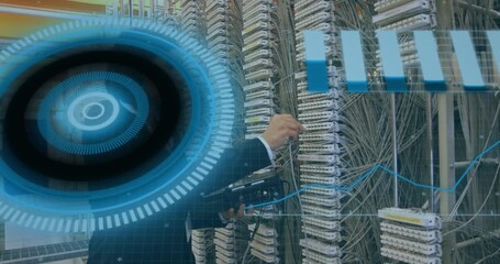 Animation of clock and statistics processing over shelves in warehouse - Powered by Adobe