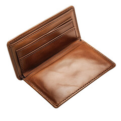 Brown leather bi fold wallet open isolated on transparent background