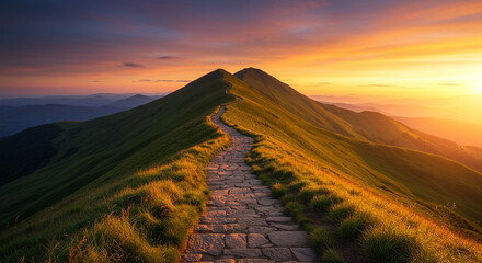 Stunning mountain path at sunset offers inspiring vision and challenges for adventure seekers