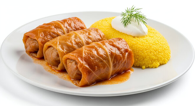 Premium Side View of Sarmale and Mămăligă on White Plate