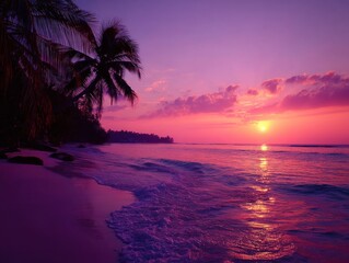 Tropical beach sunset with palm trees and ocean waves in pink and purple hues scenic view from the shore in Maldives