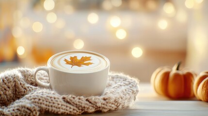 Cozy autumn latte with leaf art in a cup, surrounded by pumpkins and warm knit blanket