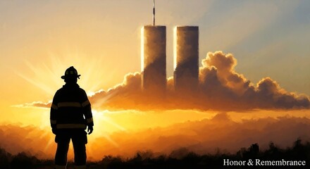 Firefighter Silhouette Honoring 9/11 Twin Towers at Sunset Patriot Day Remembrance