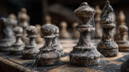 Dusty chess pieces on a weathered board