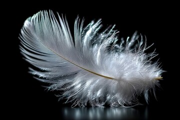 Obraz premium Single white feather on a dark reflective surface