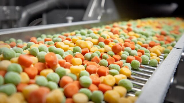 Colorful food processing industry freezing techniques for vegetable preservation on conveyor belt ensuring freshness and quality