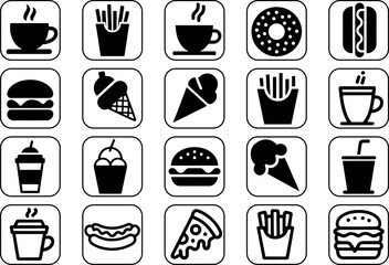 Diverse Food and Drink Icons in Black and White Grid