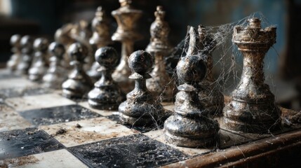 Dusty chess set in abandoned room