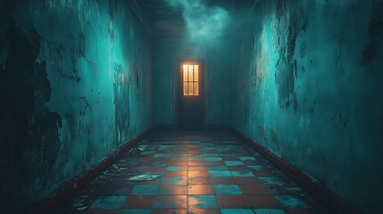 Obraz premium Mysterious teal hallway with single window