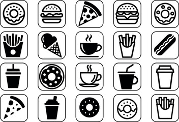 Monochrome Fast Food Icons Seamless Pattern Delicious Burgers Pizza Fries Donuts Hotdogs and Drinks Create a Yummy Background
