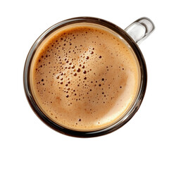 Top view of a hot coffee drink in a glass mug isolated on transparent background
