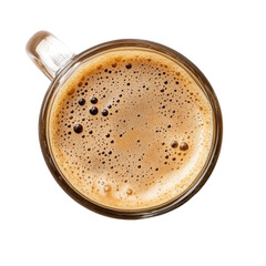 Top view of a frothy coffee in a glass mug isolated on transparent background