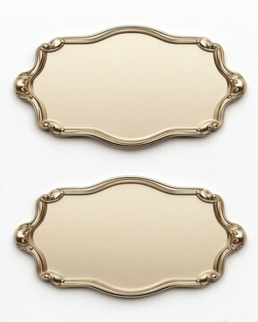 Two elegant gold nameplates on white background studio shot for signage or engraving with ornate detail