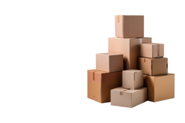 Stack of various cardboard boxes, perfect for themes of shipping, delivery, moving, e-commerce, and logistics