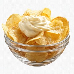 Crispy potato chips in a glass bowl, topped with creamy sauce
