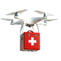 Medical drone delivering first aid kit isolated on transparent background
