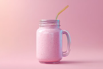Refreshing Pink Smoothie in a Glass Mason Jar with Golden Straw on Vibrant Pink Background