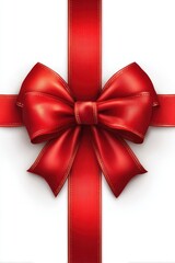 Vivid Red Satin Ribbon Bow on White Background Overhead Studio Shot for Holiday Gift Giving and Celebration