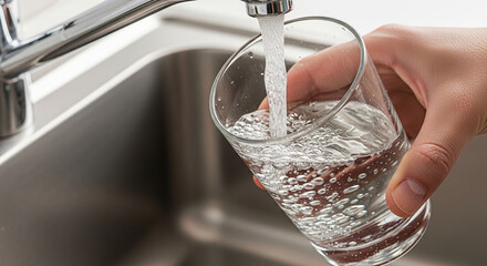 Close-up of hand filling glass with water from tap, showcasing hydration and freshness concept.  Clean and simple image, ideal for health or lifestyle themes