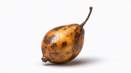 Decayed, golden-brown fruit with a curved stem lies against a clean white surface