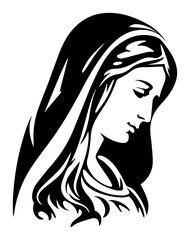 Prayerful Virgin Mary in humble pose – elegant monochrome sacred illustration with halo