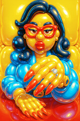 Bold and colorful woman with long nails and glasses in a bubblegum pop art style, seated on a yellow couch with a red reflection.