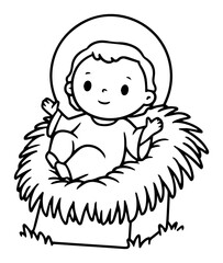 Baby Jesus in manger – simple cartoon nativity line‑art Christmas icon