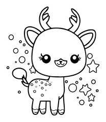 Kawaii baby deer with stars – adorable cartoon fawn outline illustration