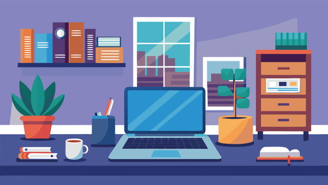 A modern home office setup with a laptop, plants, books, and stationery, creating a comfortable and productive workspace. Perfect for work, study, or remote work visuals.