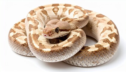 Obraz premium Coiled beige snake with brown markings, smooth glossy scales, head slightly raised, on white background