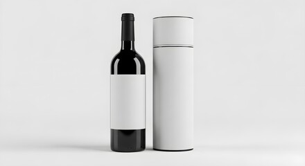 A bottle of red wine with a blank white label stands beside a sleek white cylindrical tube container on a light gray background.