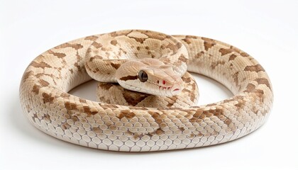 Obraz premium Coiled beige snake with brown markings, smooth glossy scales, head slightly raised, on white background