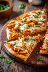 Delicious BBQ Chicken Pizza Slices on Rustic Wooden Board Close Up Food Photography Still Life Angle