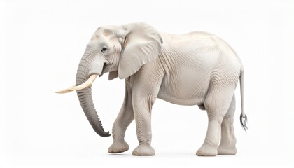 Obraz premium Realistic 3D rendering of an elephant with detailed skin texture, curled trunk, and visible tusks, standing on white background.