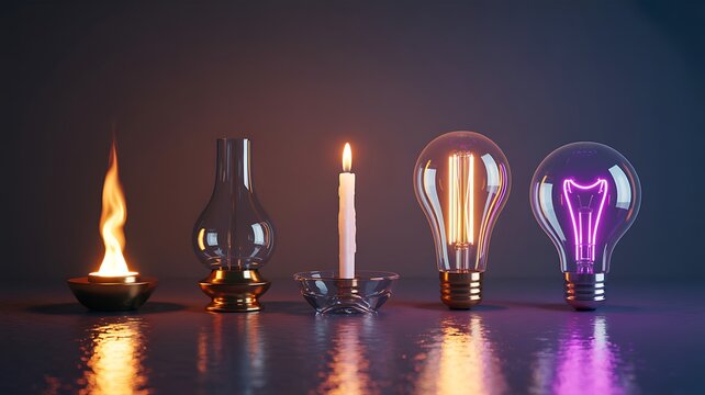 Progression of light sources showcasing from oil lamp candle to incandescent and led bulb representing technological advancement