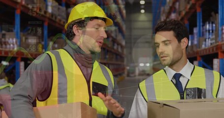 Animation of data processing over male warehouse workers - Powered by Adobe