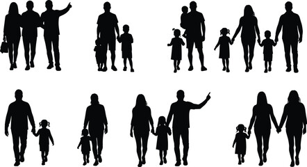 Black family silhouette set, parents and children walking together, holding hands, lifestyle vector illustration collection for stock design use.
