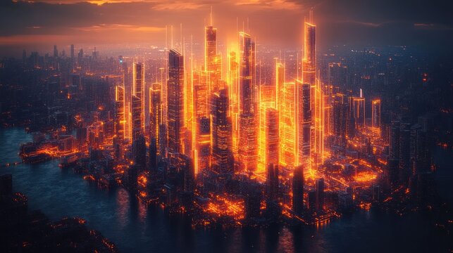 Fiery cityscape at sunset