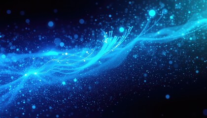 Fototapeta premium Abstract network of interconnected glowing nodes with streams of light in a dark blue atmosphere