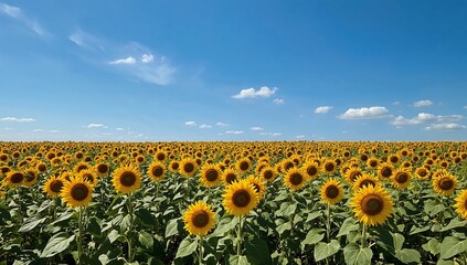 Fototapeta premium A vast field of sunflowers blooming under a blue sky with clouds