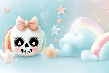Fototapeta premium Cute skull with bow surrounded by colorful stars and rainbows on a pastel blue background