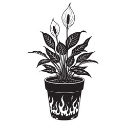 Elegant monochrome illustration of peace lily plant in a decorative fire motif pot