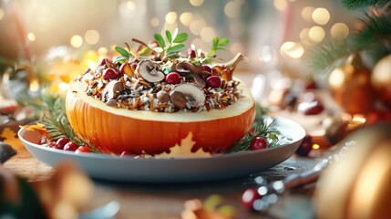 Close-up of a hollowed pumpkin filled with wild rice, mushrooms, and herbs, served as a festive holiday dish