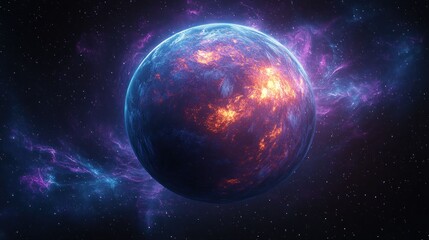 Fiery planet, vibrant colors, cosmic nebula