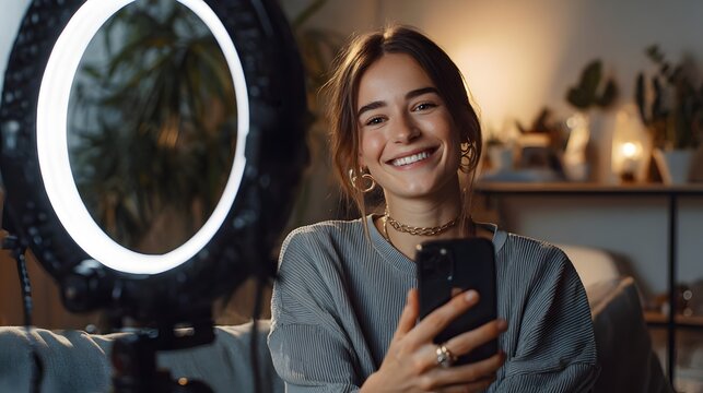 Young content creator filming a vlog with smartphone and ring light, smiling, bright home setup. Concept : Content creation, vlogging, social media, digital lifestyle, influencer setup.