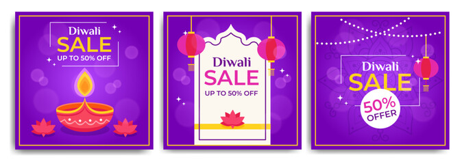 Square Diwali Sale Banner Set. Happy Festival of Lights Discount Templates with Traditional Diya and Fireworks. Vector Illustration.