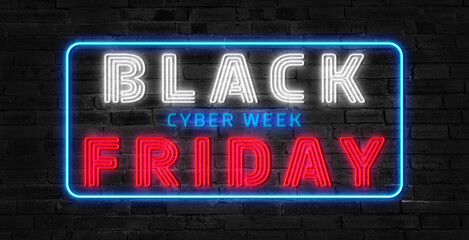 Neon Black Friday Sale, banner design. Outline neon italic text Black Friday on textured background. Purple blue text template for animation, digital ad, social media banners. Vector illustration