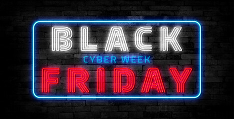 Neon Black Friday Sale, banner design. Outline neon italic text Black Friday on textured background. Purple blue text template for animation, digital ad, social media banners. Vector illustration