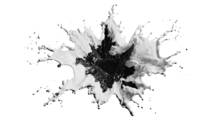 Abstract splatter pattern, radiating outwards from a central point, in shades of black and white