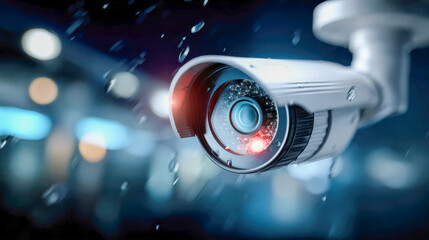 Close-up of a white security camera with glowing infrared LED ring against a dark bokeh background